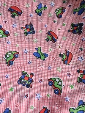 Vintage Red Kids Transportation Print Fabric Cars trains boats planes 1 Yard
